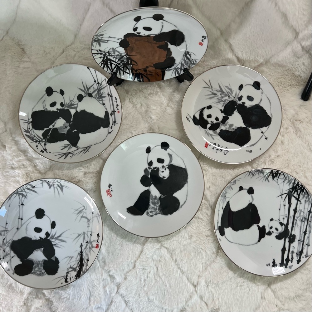 Vintage PANDAS OF WU ZUOREN All 6 Plate Collection